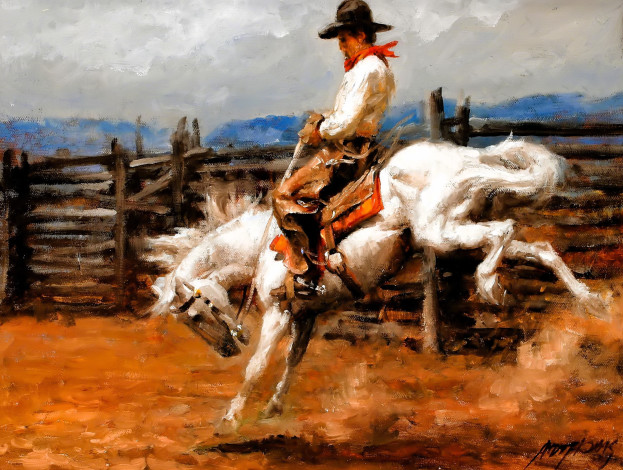 Обои картинки фото рисованное, andy thomas, ковбой, всадник, лошадь, родео, пыль, забор