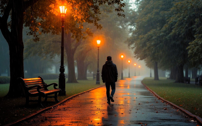 Обои картинки фото 3д графика, люди , people, человек, парк, вечер, дождь, дорожка, скамейка, фонари, деревья