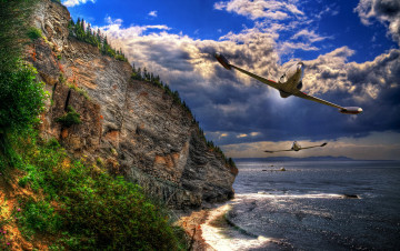 Картинка авиация 3д рисованые graphic море скалы самолеты пара