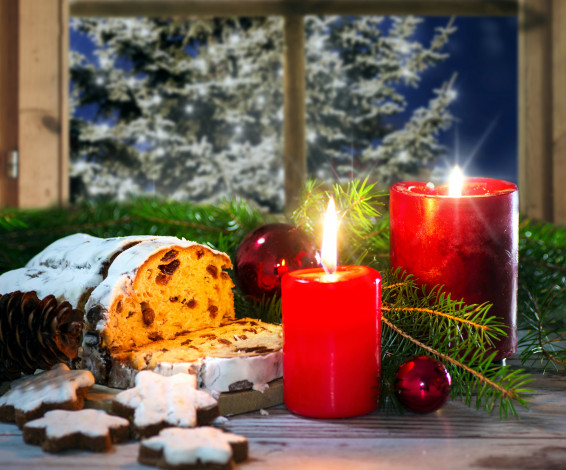 Обои картинки фото праздничные, угощения, шишки, пирог, печенье, свечи