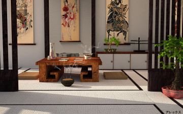 Картинка 3д+графика реализм+ realism комнаты картины посуда стол