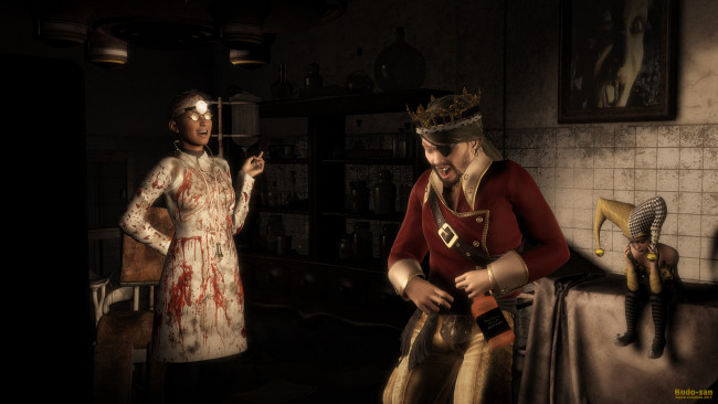 Обои картинки фото 3д графика, фантазия , fantasy, кровь, смех, девушка, мужчина