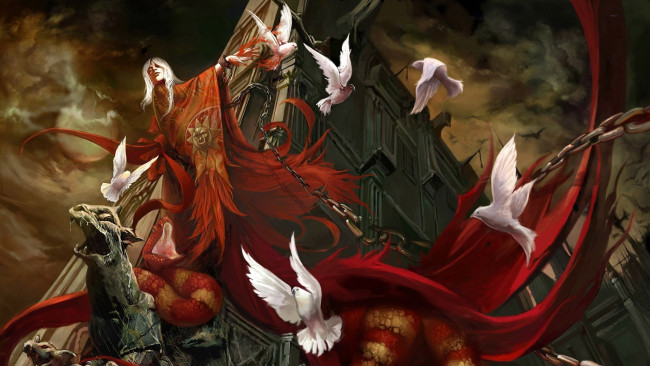 Обои картинки фото 3д графика, фантазия , fantasy, змея, цепи, голуби, дракон