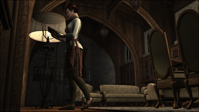 Обои картинки фото 3д графика, люди , people, комната, кресла, диван, фон, взгляд, девушка, светильник