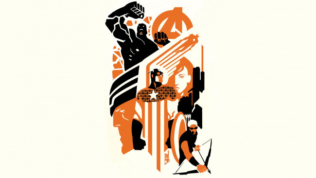 Обои картинки фото рисованное, минимализм, фон, black, widow, hawkeye, hulk, captain, america, thor, iron, man, avengers