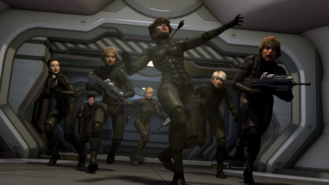 Обои картинки фото scifi, 3д графика, фантазия , fantasy, девушки, атака, фон, взгляд