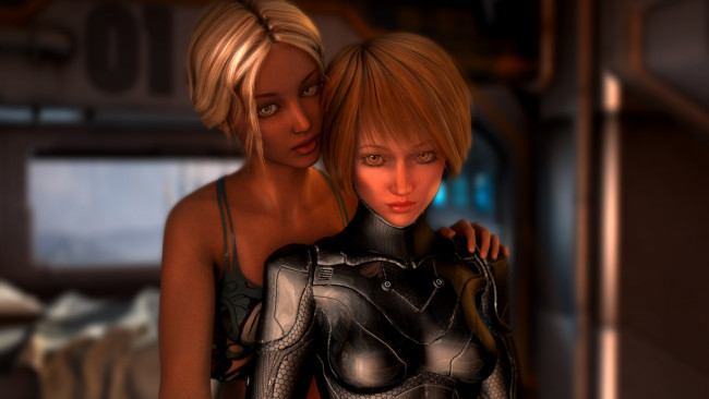 Обои картинки фото scifi, 3д графика, фантазия , fantasy, фон, взгляд, девушки