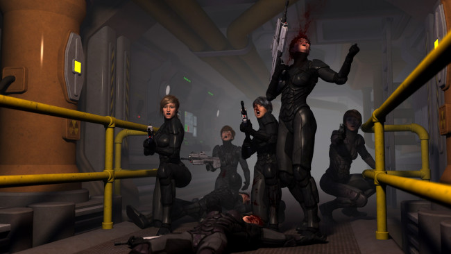 Обои картинки фото scifi, 3д графика, фантазия , fantasy, оружие, взгляд, девушки