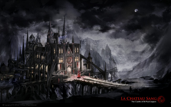 Обои картинки фото фэнтези, иные миры,  иные времена, мост, тучи, ночь, фантастика, луна, мрачно, люди, арт, замок