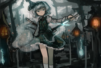 Картинка аниме touhou арт myon konpaku youmu руины меч mifuru девушка