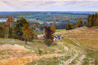 Картинка рисованное живопись пейзаж оксана павлова стадо коровы дороги луга лес река деревья