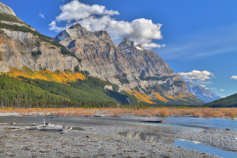 Картинка природа реки озера лес деревья коряга озеро осень горы облака небо склон