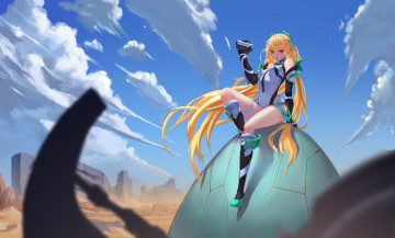 обоя аниме, expelled from paradise, арт, reisun001, expelled, from, paradise, angela, balzac, девушка, небо, облака, пустыня, руины