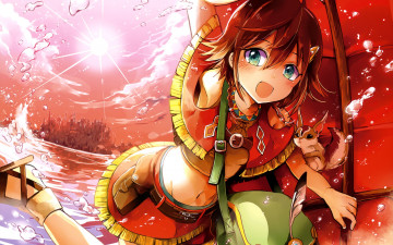 обоя аниме, suisei no gargantia, арт, suisei, no, gargantia, amy, девушка, солнце, небо, облака, вода, капли, белка, сумка