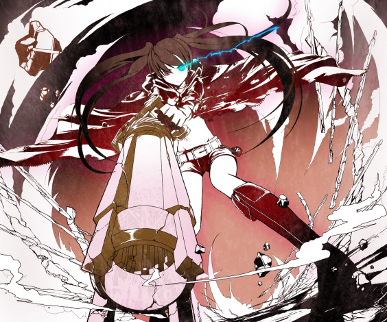 Обои картинки фото аниме, black rock shooter, девушка, kuroi, mato, оружие, black, rock, shooter, арт, tetsu, countryside