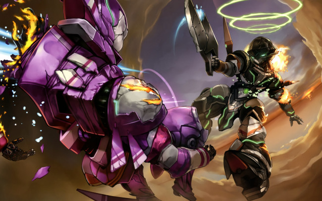 Обои картинки фото аниме, suisei no gargantia, suisei, no, gargantia, гаргантия, mech, chamber, striker, art, роботы, схватка