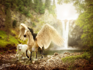 обоя фэнтези, пегасы, by, ellipsiem, фэнетзи, лошадь, природа, волк