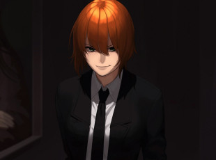 Картинка аниме unknown +другое арт девушка галстук темный фон рыжая костюм aconitea
