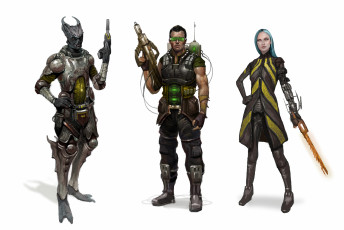 Картинка фэнтези роботы +киборги +механизмы фон существо девушка мужчина оружие униформа взгляд