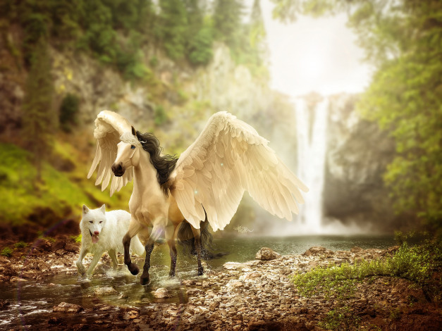 Обои картинки фото фэнтези, пегасы, by, ellipsiem, фэнетзи, лошадь, природа, волк