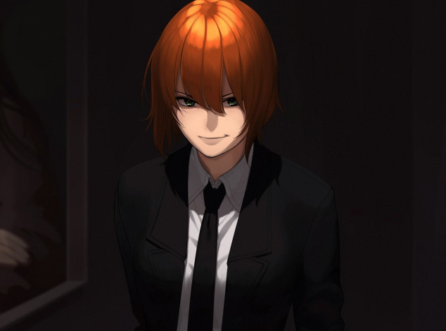 Обои картинки фото аниме, unknown,  другое, арт, девушка, галстук, темный, фон, рыжая, костюм, aconitea