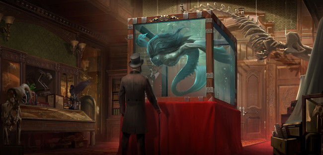 Обои картинки фото фэнтези, существа, мужчина, трость, скелеты, аквариум, двери, музей, существо, человек, шляпа, арт, экспонаты, книги, цилиндр