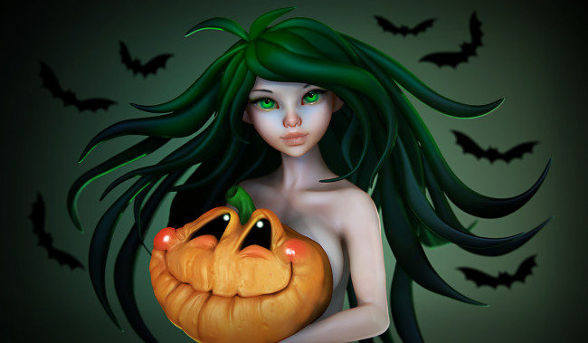 Обои картинки фото праздничные, хэллоуин, арт, праздник, тыква, olya, anufrieva, девушка, настроение, летучая, мышь
