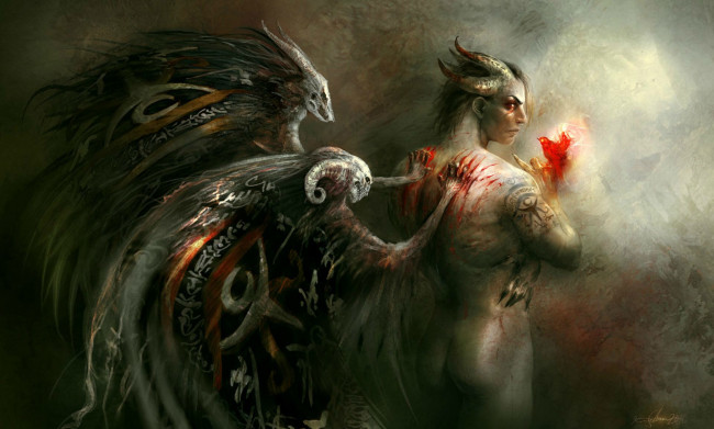 Обои картинки фото фэнтези, демоны, кровь, демон, раны