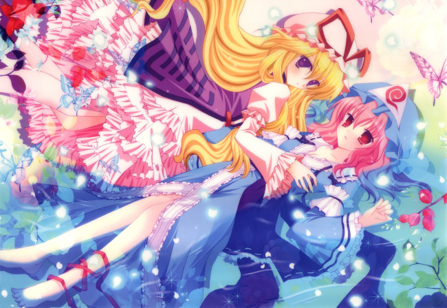 Обои картинки фото аниме, touhou, девушки, взгляд, фон