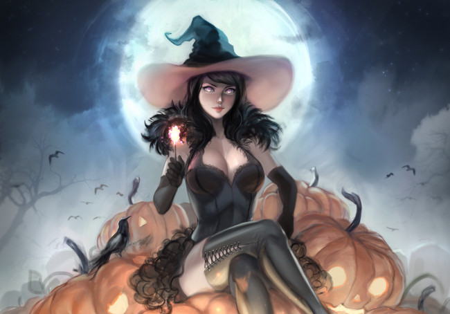 Обои картинки фото праздничные, хэллоуин, ведьма, летучие, мыши, ночь, эротика, halloween, луна, тыквы, арт, праздник, взгляд, поза