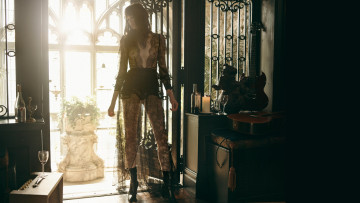 Картинка gayle+gown девушки -unsort+ брюнетки темноволосые модель гитары решетки бокалы бутылки балкон кружева шатенка gayle gown