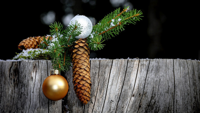 Обои картинки фото праздничные, - разное , новый год, ветка, еловая, шарики, шишки