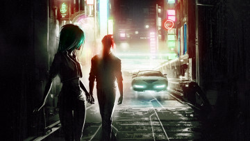 Картинка фэнтези люди девушка парень машина город огни