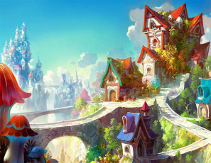 Картинка фэнтези иные+миры +иные+времена город дома дорожки