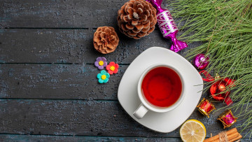 Картинка еда напитки +чай шишки блокнот чай лимон корица