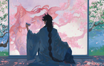 Картинка аниме ангелы +демоны парень коса чаша ширма демон цветение