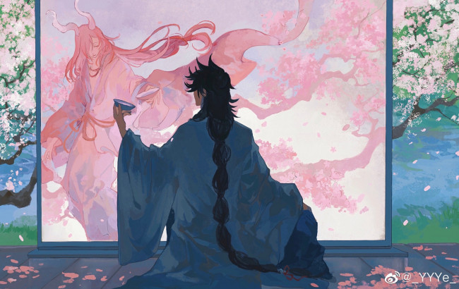 Обои картинки фото аниме, ангелы,  демоны, парень, коса, чаша, ширма, демон, цветение