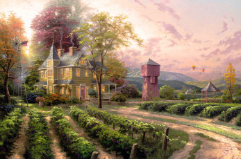 обоя рисованное, thomas kinkade, дом, постройки, огород, горы