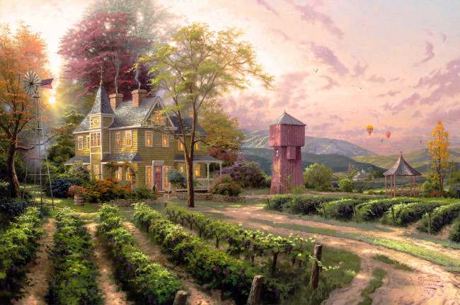 Обои картинки фото рисованное, thomas kinkade, дом, постройки, огород, горы