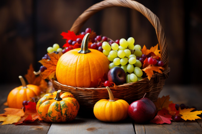 Обои картинки фото еда, фрукты и овощи вместе, корзинка, кленовые, листья, виноград, тыквы, сливы