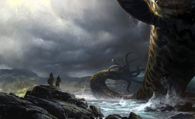 Обои картинки фото видео игры, guild wars 2, тучи, скалы, камни, берег, море, люди, монстр