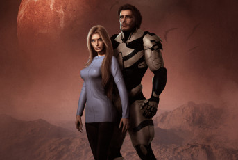 Картинка фэнтези люди планета женщина мужчина костюм