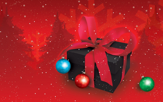 Обои картинки фото праздничные, векторная, графика, новый, год, бант, коробка, шарики