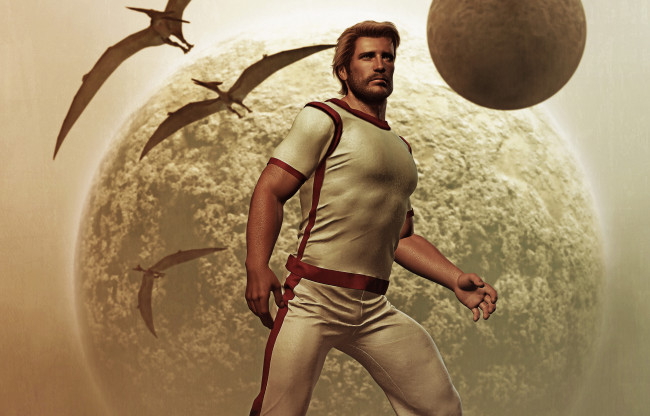 Обои картинки фото фэнтези, люди, птеродактиль, борода, блондин, мужчина, космос, планета, майка, штаны