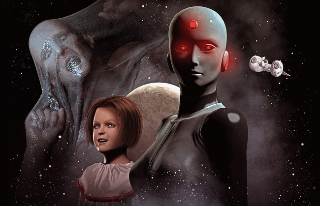 Обои картинки фото фэнтези, роботы, киборги, механизмы, робот, звездолет, девочка, планета