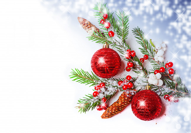 Обои картинки фото праздничные, разное, новый, год, ветка, шарики, шишки, ягоды