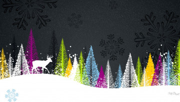 Картинка векторная+графика ели снег олень снежинки