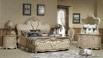 Картинка интерьер спальня зеркало окно тумбочки подушки кровать свет лампа