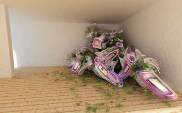 Картинка 3д+графика абстракция+ abstract угол комната плющ доски фигура листья абстракция