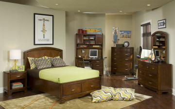 Картинка интерьер спальня тумбочки подушки зеркало свет лампа окно кровать